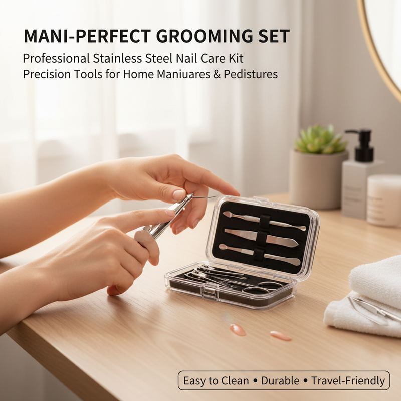 A nail care set in a clear plastic case with black foam insert, including metal cuticle tools, nail clippers, and nail scissors, shown open on a white background with a soft pink glow.