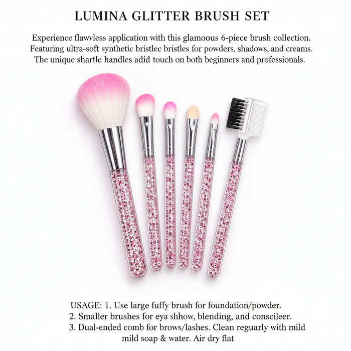 Six pink glitter makeup brushes with silver ferrules, including a large face brush, four smaller eye brushes, and an eyebrow/eye shadow brush, arranged on a white background with a soft pink glow.