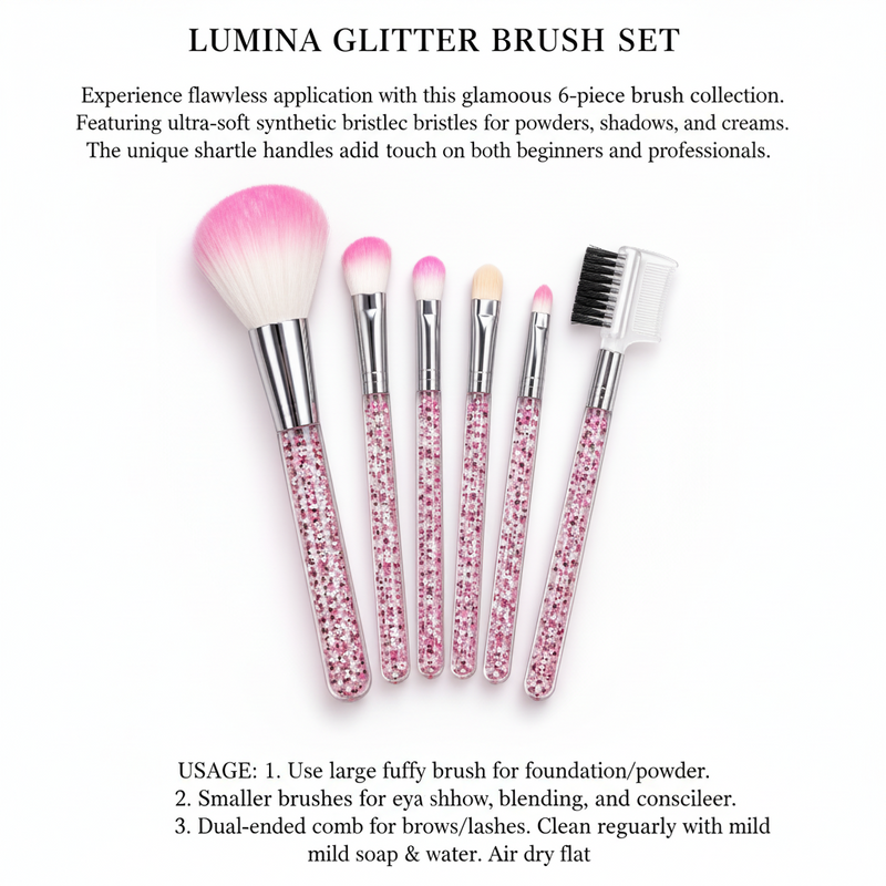 Six pink glitter makeup brushes with silver ferrules, including a large face brush, four smaller eye brushes, and an eyebrow/eye shadow brush, arranged on a white background with a soft pink glow.