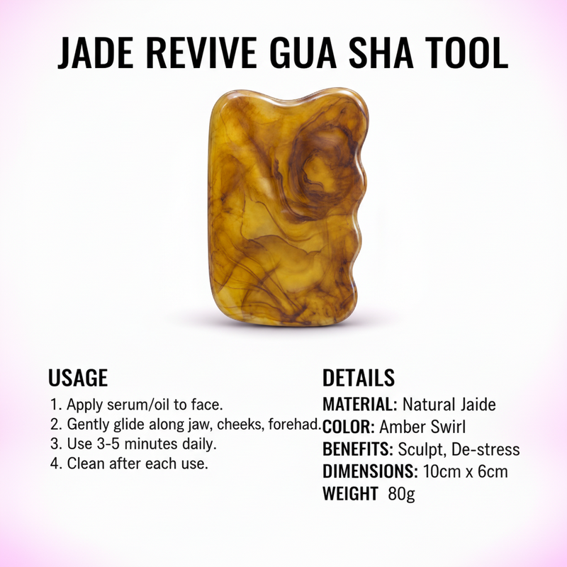 A polished wavy-edged jadeite-style beauty stone or gua sha tool, featuring a marbled pattern of golden yellow and dark brown swirls, set against a soft white background with a subtle pinkish glow.