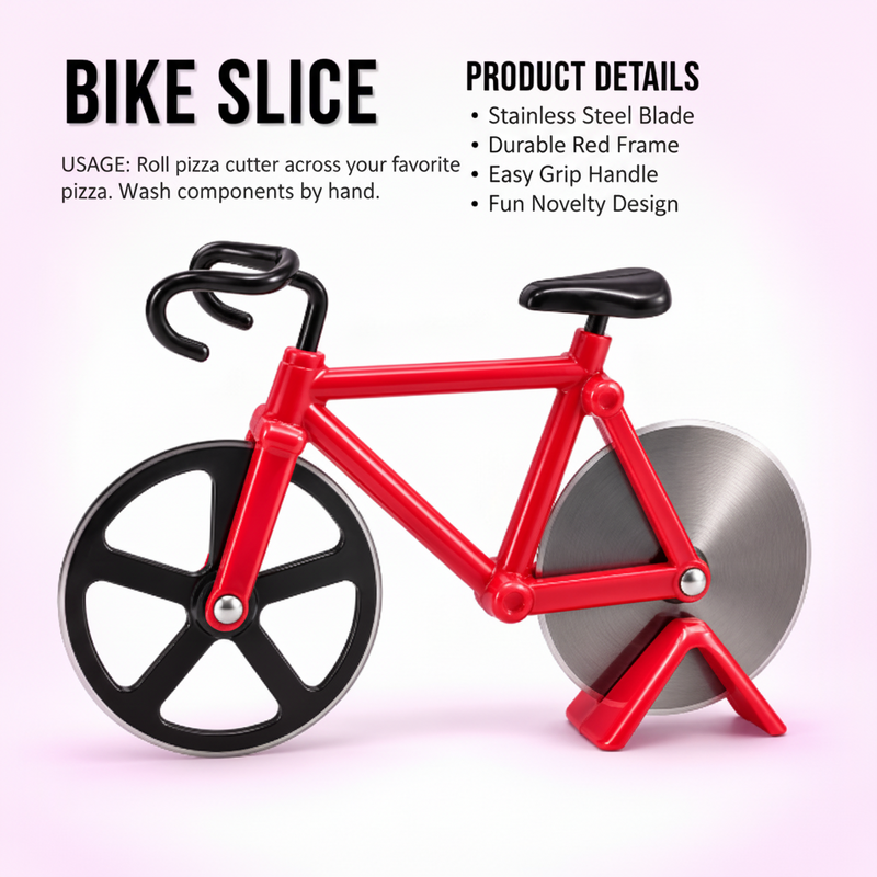 A novelty pizza cutter shaped like a red bicycle with black handlebars and seat, featuring a large silver metal wheel and a red support stand on a light pink background.
