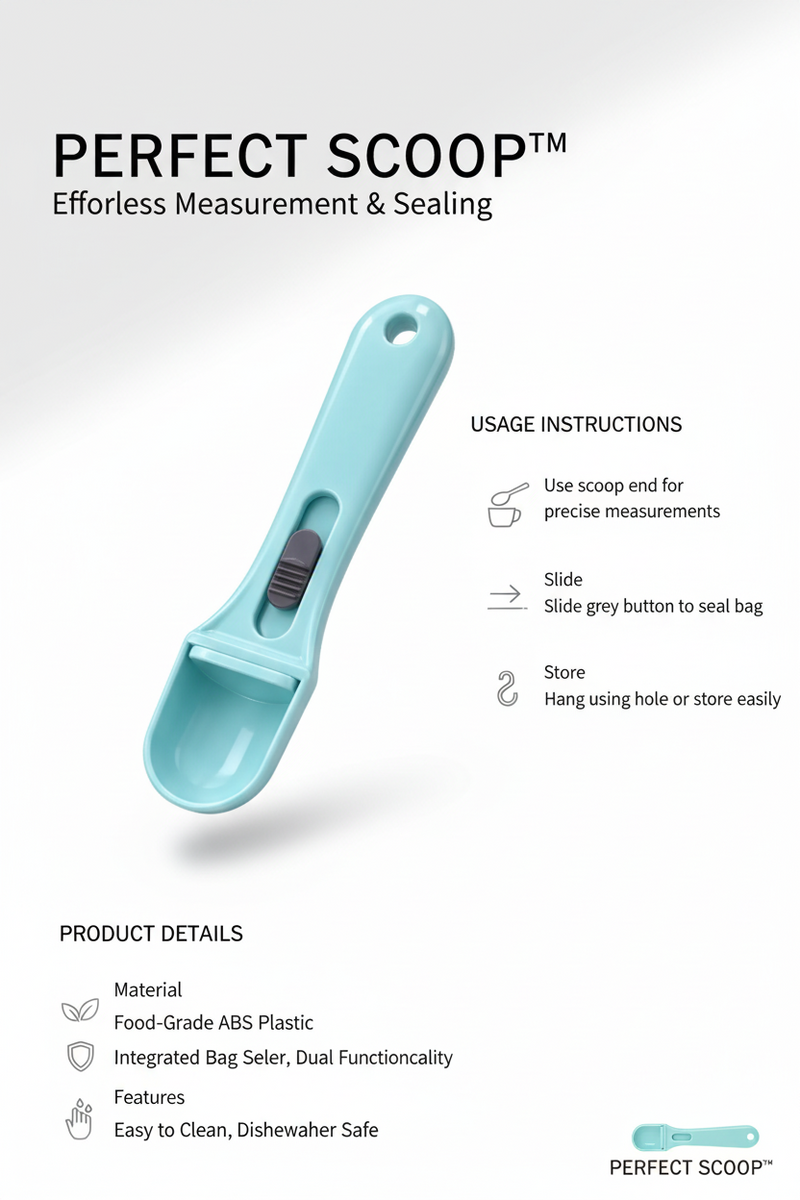 A light blue plastic measuring spoon with a small gray sliding switch, shown diagonally on a plain white background.