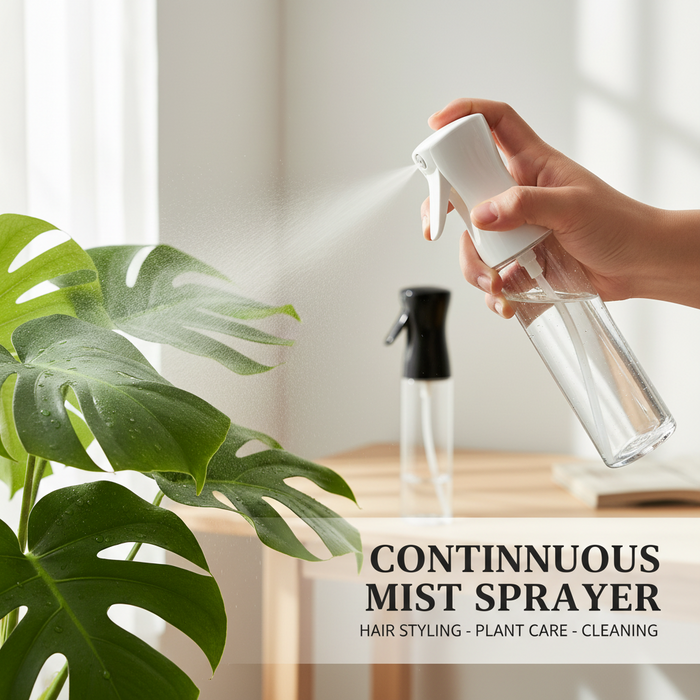 Two clear spray bottles with trigger sprayers, one with a glossy black top and one with a white top, shown side by side on a plain white background.
