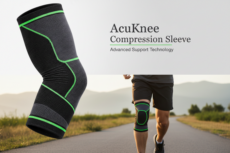A black athletic knee sleeve with bright green accent stitching, shown on a plain white background.