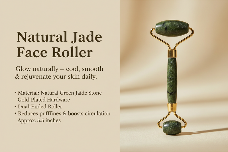 A jade roller tool with a dark green marbled stone head and handle, accented by polished gold-tone metal components, shown on a solid white background.