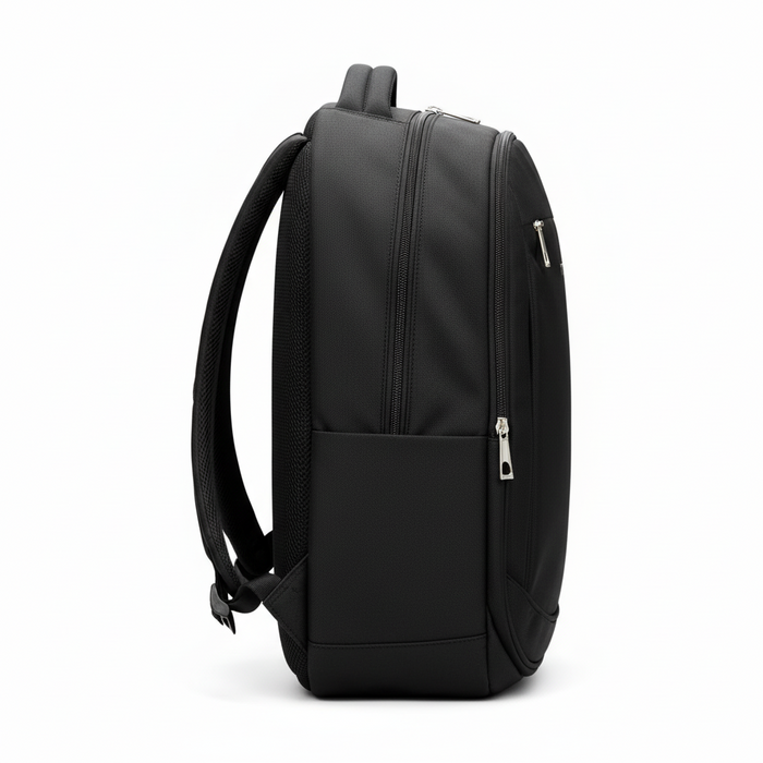 A black C-MAX laptop backpack with multiple zippered compartments and a side mesh pocket, shown on a plain white background.