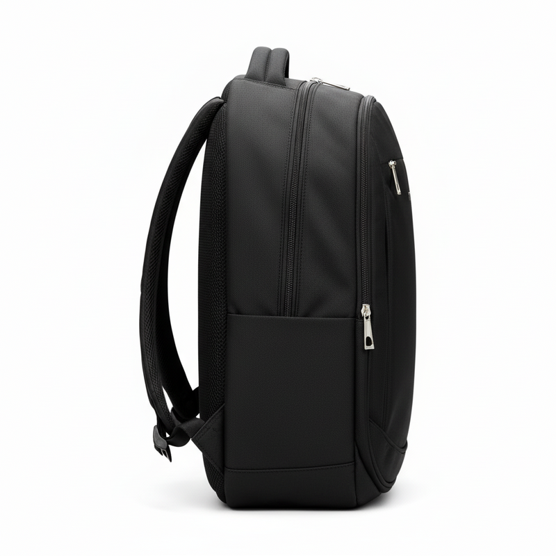 A black C-MAX laptop backpack with multiple zippered compartments and a side mesh pocket, shown on a plain white background.