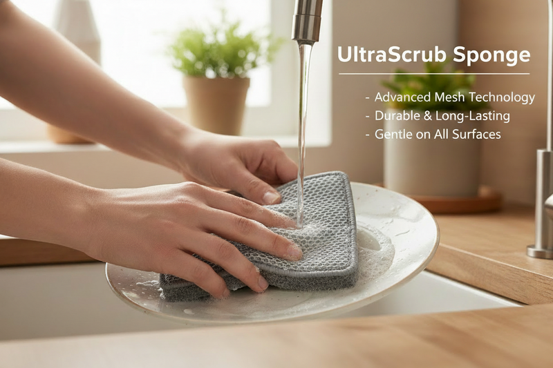 Four gray reusable mesh cleaning pads arranged in a staggered stack on a plain white background.