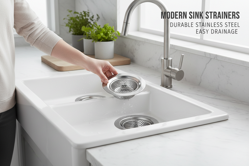 Two round stainless steel sink strainers of different sizes, shown on a plain white background.