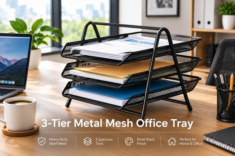 3-Tier Metal Mesh Office Tray, Black