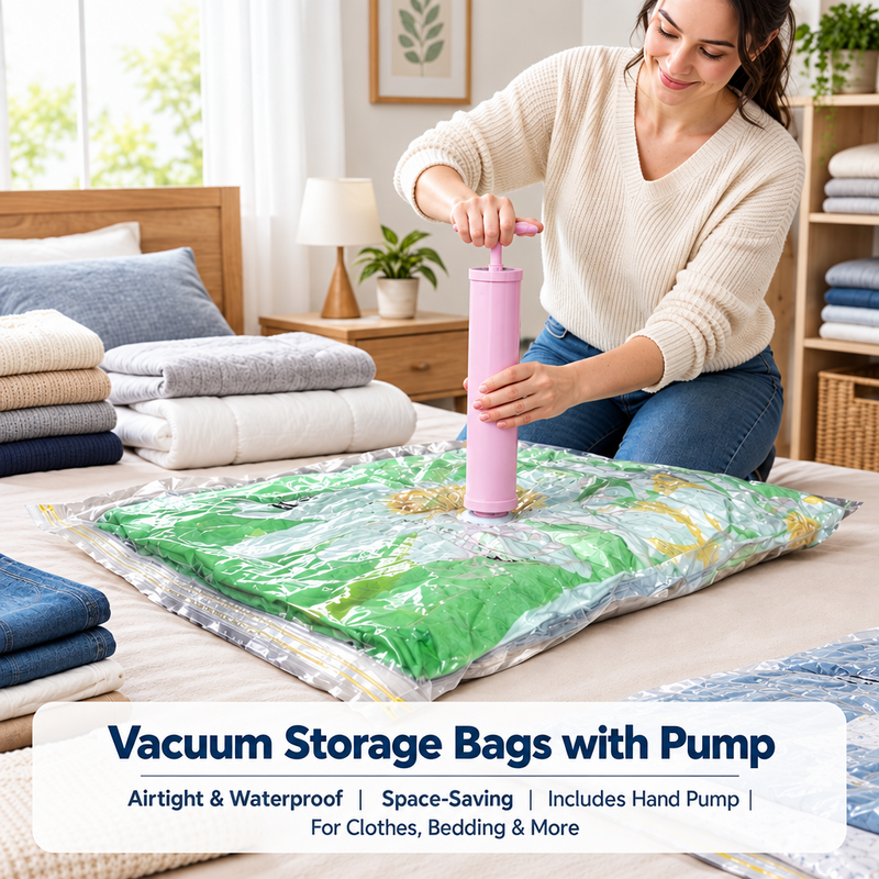 Vacuum storage bags with pump for clothes and bedding