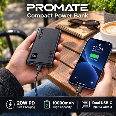 Batería externa compacta Promate – PD 20 W, doble USB-C + USB-A 22,5 W