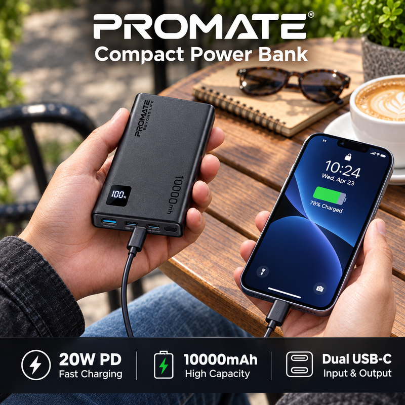 Promate compact power bank 20W PD dual USB-C
