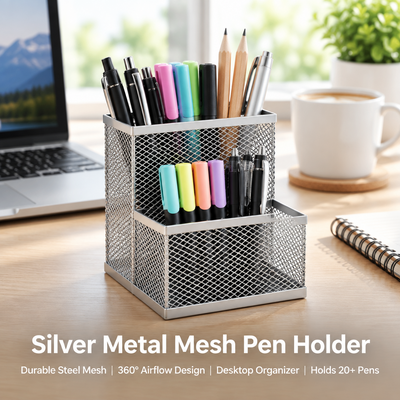 Silver Metal Mesh Pen Holder