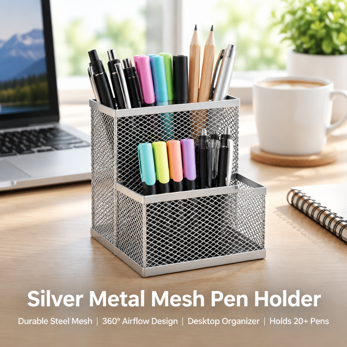 Silver Metal Mesh Pen Holder