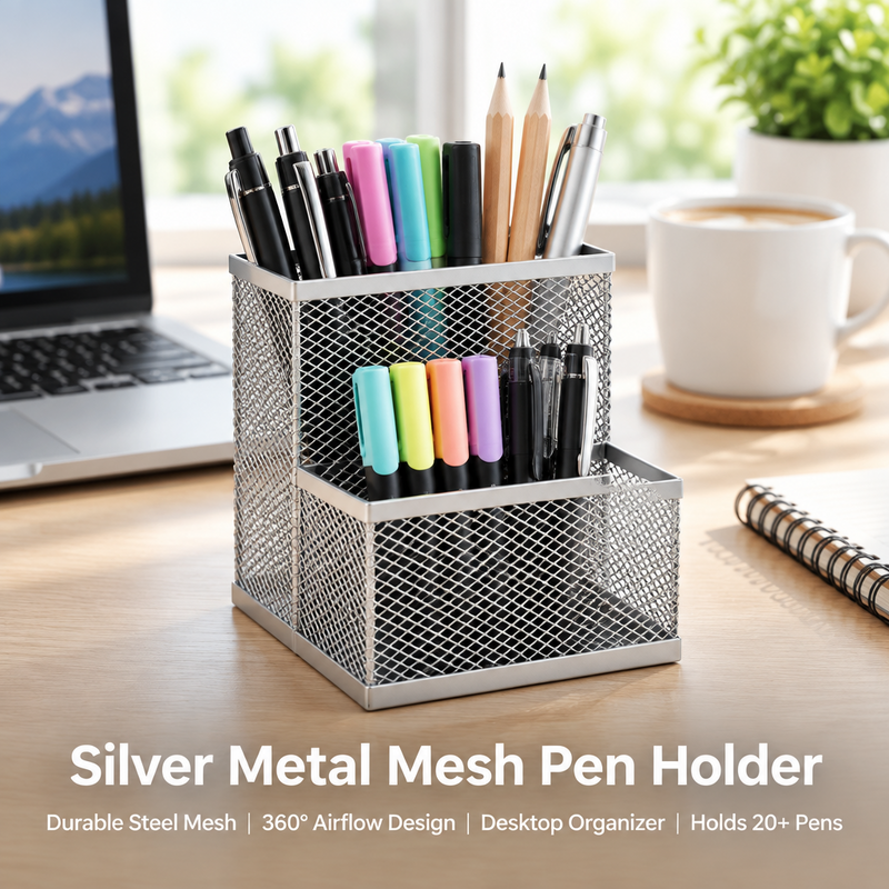 Silver Metal Mesh Pen Holder