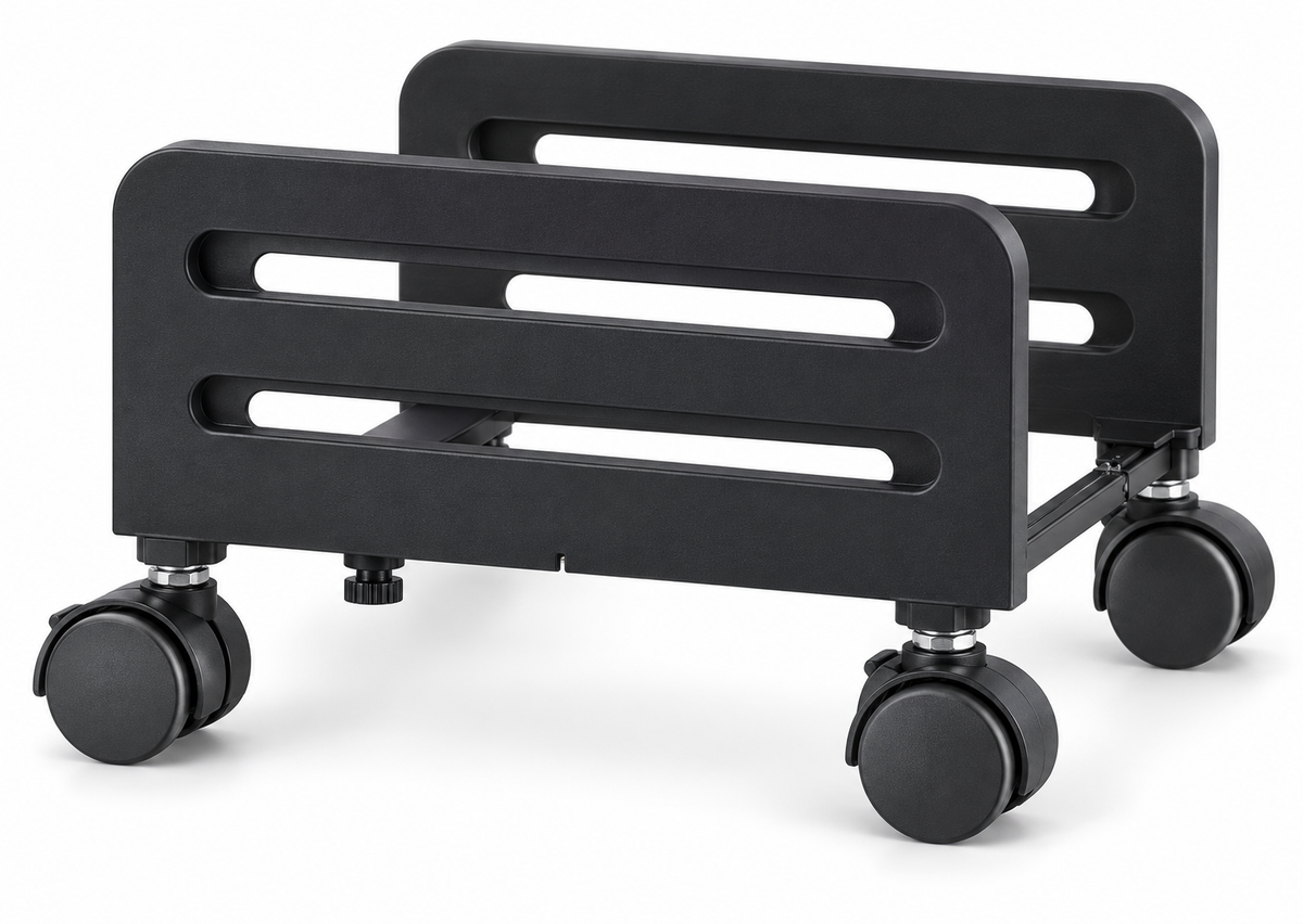 Adjustable black mobile CPU tower stand with four wheels