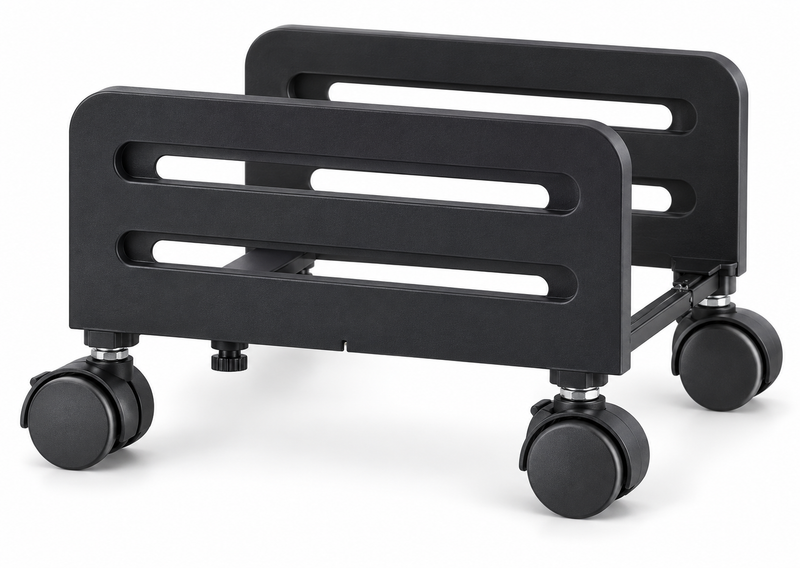 Adjustable black mobile CPU tower stand with four wheels