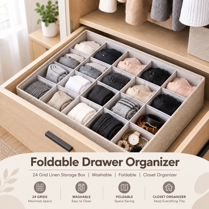 Foldable 24-grid linen drawer storage box