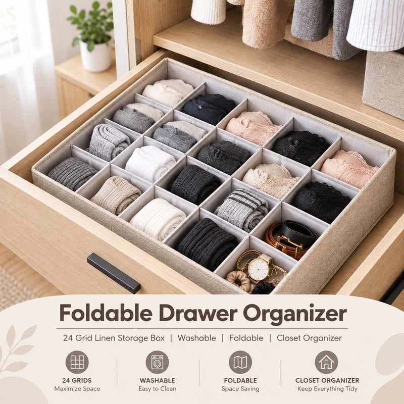 Foldable 24-grid linen drawer storage box