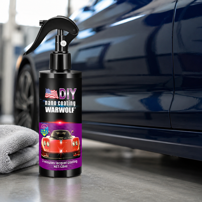 Nano car coating spray beside a blue vehicle