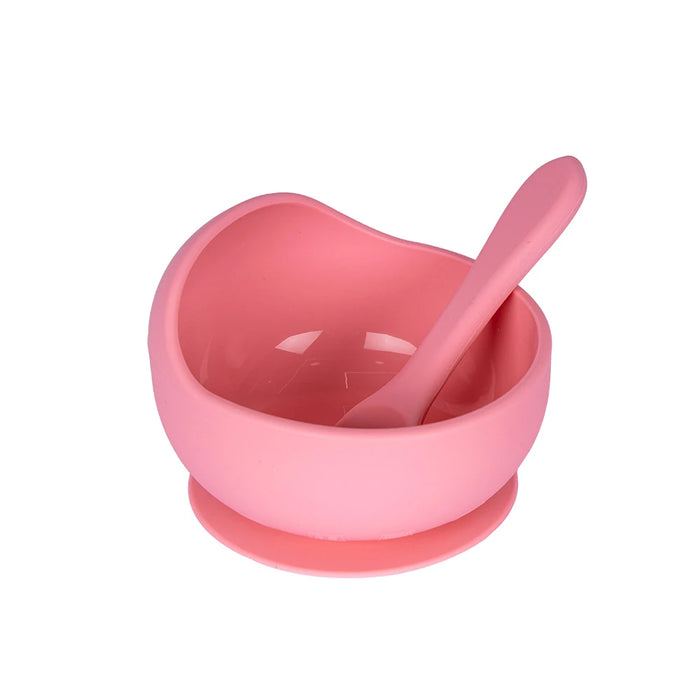 Babies Basic pink silicone suction bowl and spoon feeding set