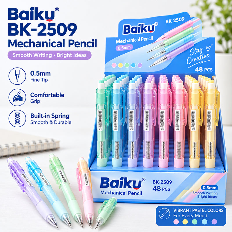 Baiku BK-2509 0.5 mm mechanical pencil in assorted pastel colors