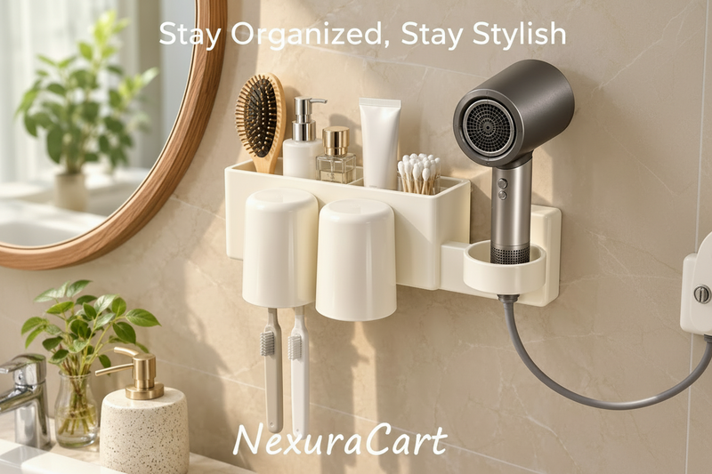 Two-cup bathroom organizer installed beside a mirror
