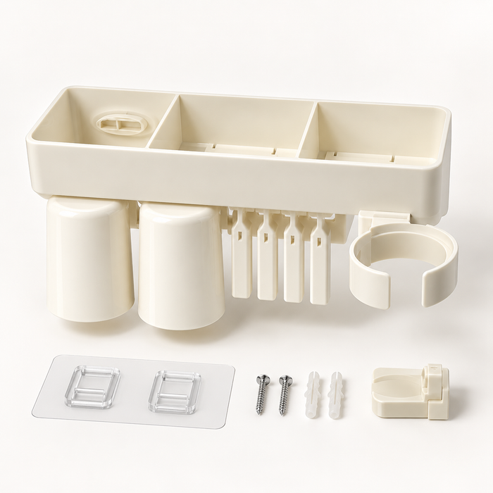 Cream white two-cup wall-mounted bathroom organizer