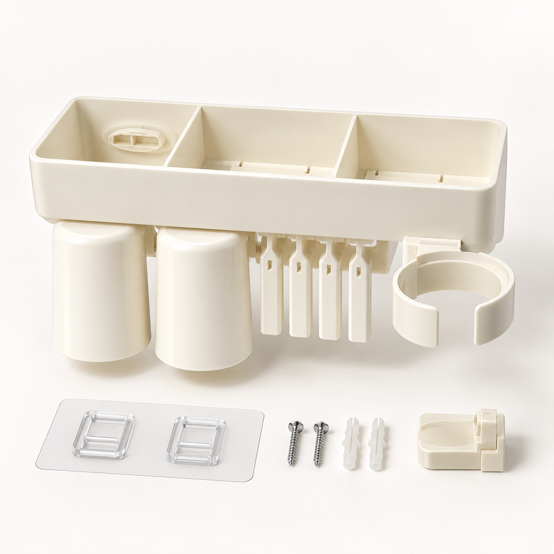 Cream white two-cup wall-mounted bathroom organizer