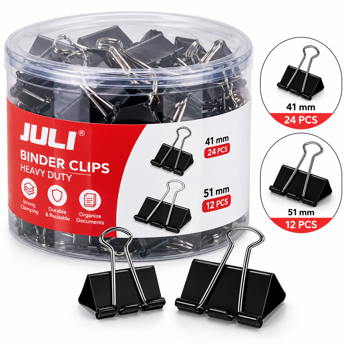 JULI Black Binder Clips – Heavy-Duty Tub Pack