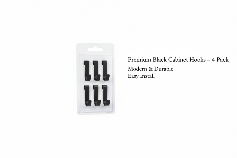 Four-piece set of matte black over-cabinet hooks