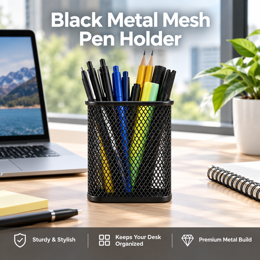 Black Metal Mesh Pen Holder