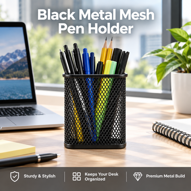 Black Metal Mesh Pen Holder