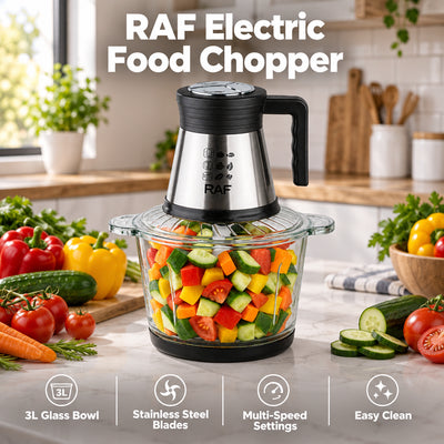 RAF Electric Food Processor 800W – 3L Chopper with 4 Spiral Blades