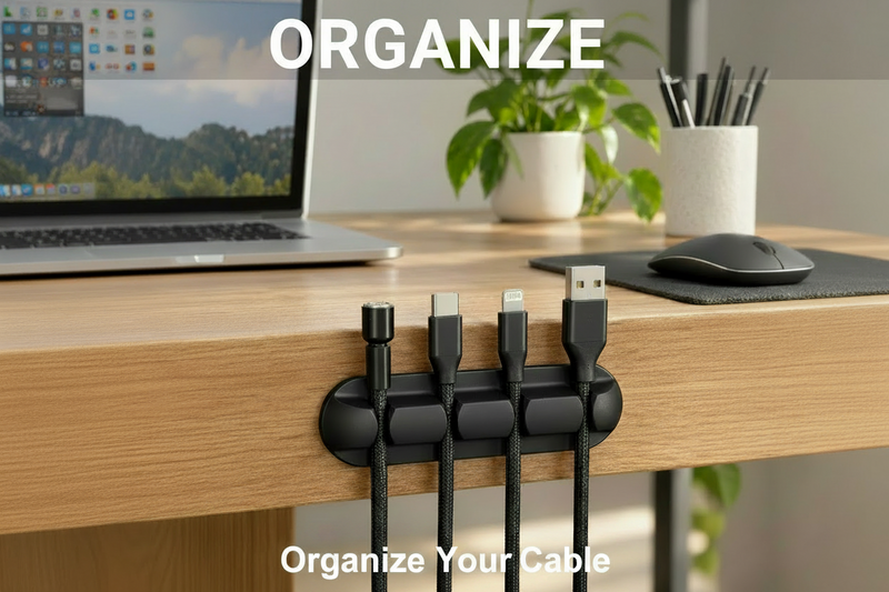 Four-slot cable organizer holding charging cables on a desk