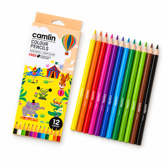 Camlin 4192566 full-size colour pencils, 12 shades with sharpener – front