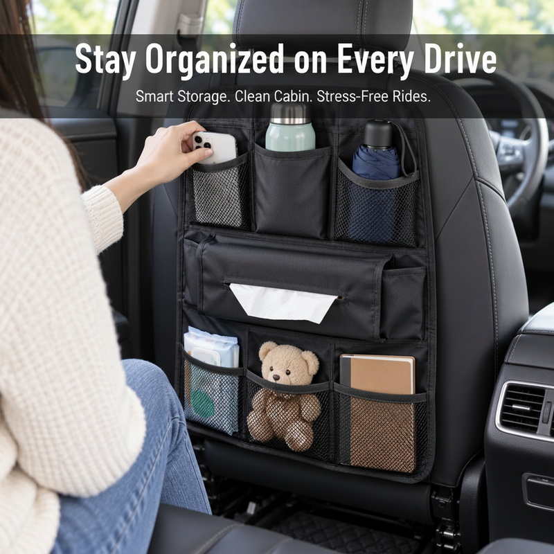 Car seat back organizer shown with a real passenger