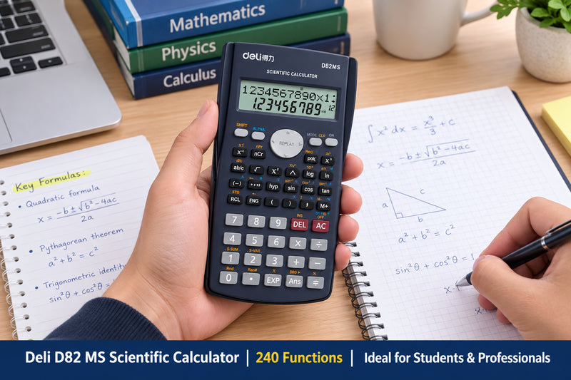 Deli D82MS Scientific Calculator – 240 Functions, 2-Line Display, Black
