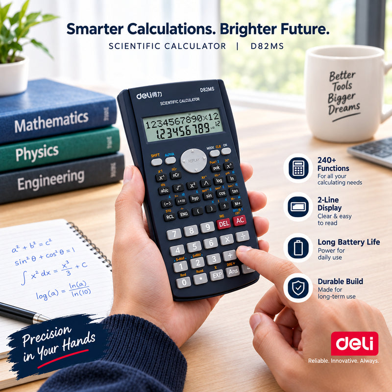 Deli D82MS Scientific Calculator – 240 Functions, 2-Line Display, Black
