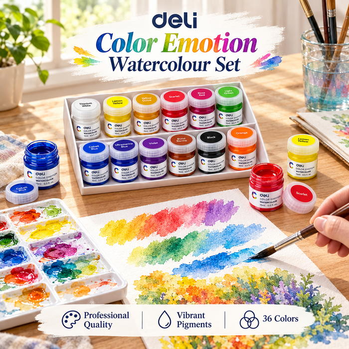 Deli Color Emotion Watercolour Paint – 12 Colours × 15 ml