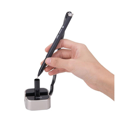 Deli E6797 blue ink desk pen stand black and gold