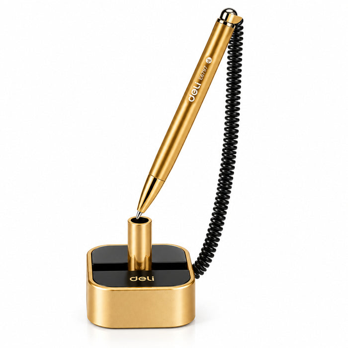 Deli E6797 blue ink desk pen stand black and gold