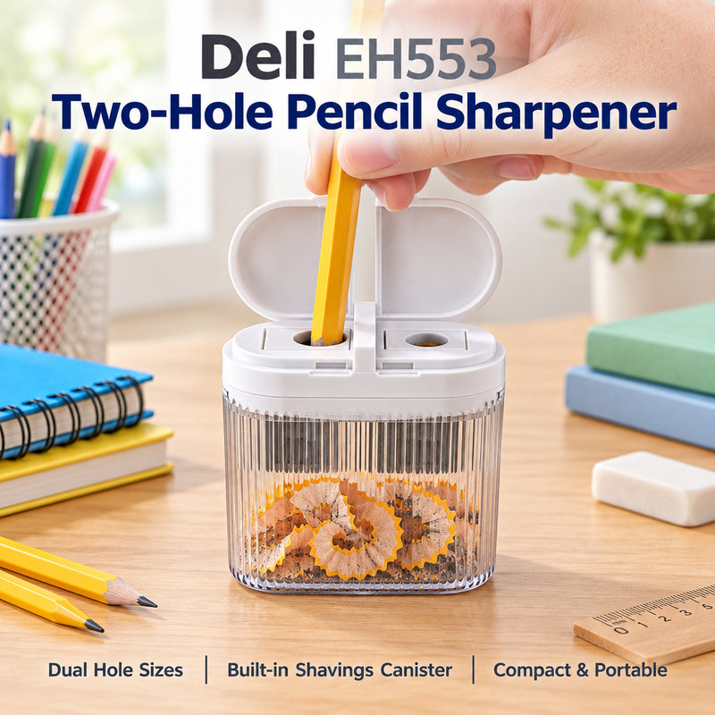 Deli EH553 sharpener showing standard and jumbo pencil holes