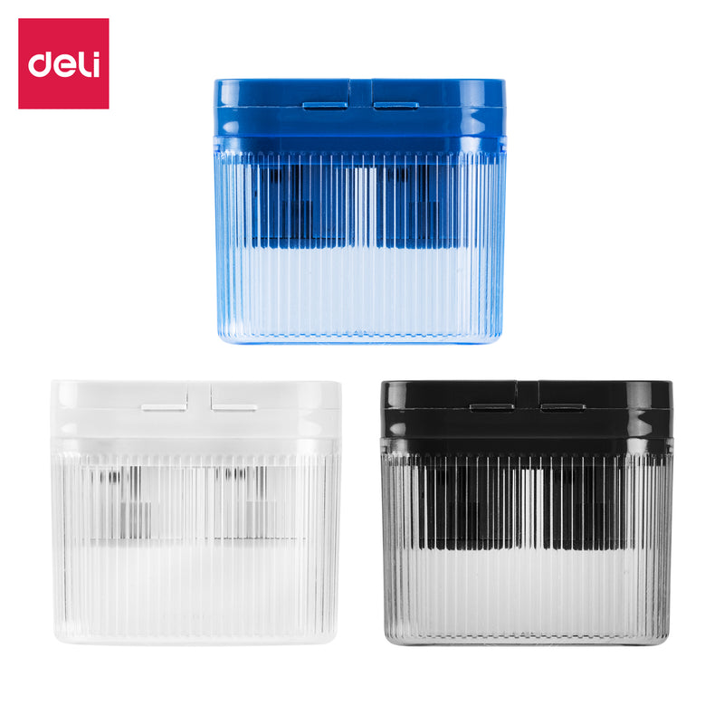 Deli EH553 two-hole pencil sharpener in White Grey and Blue