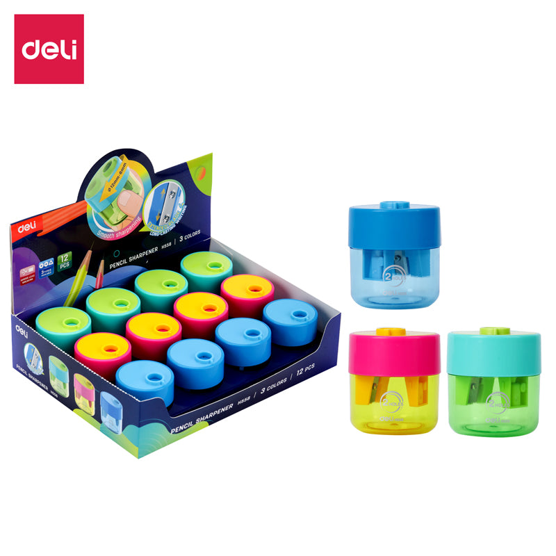 Deli EH558 two-hole school pencil sharpener in Pink Blue and Cyan