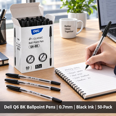 Deli P1 Classic Q6-BK Ballpoint Pens – 0.7 mm Black, Box of 50