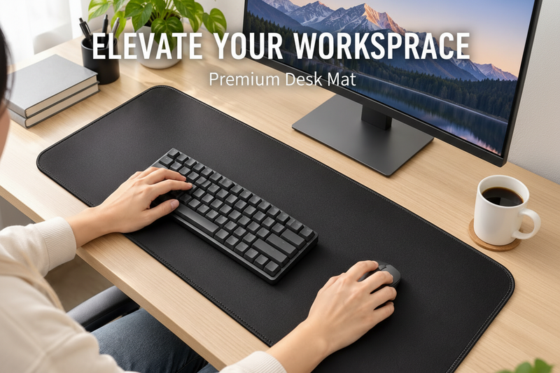 Large desk and mouse mat shown with a real model