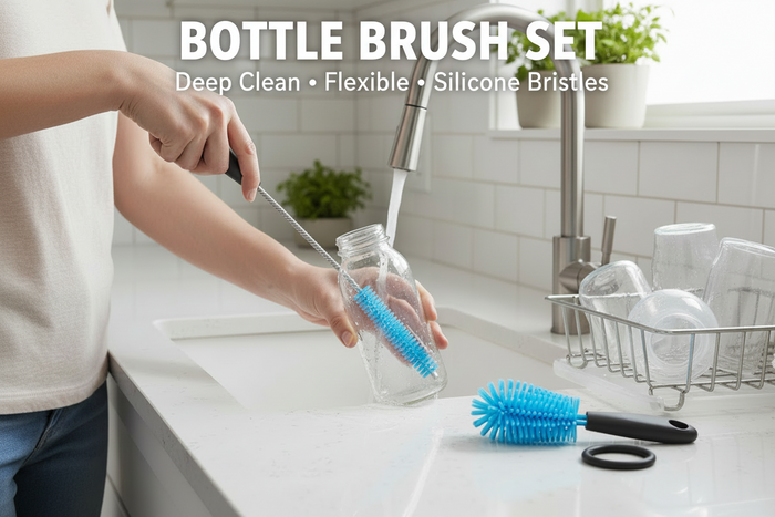 Blue and black bottle and straw cleaning brush set on NexuraCart theme background