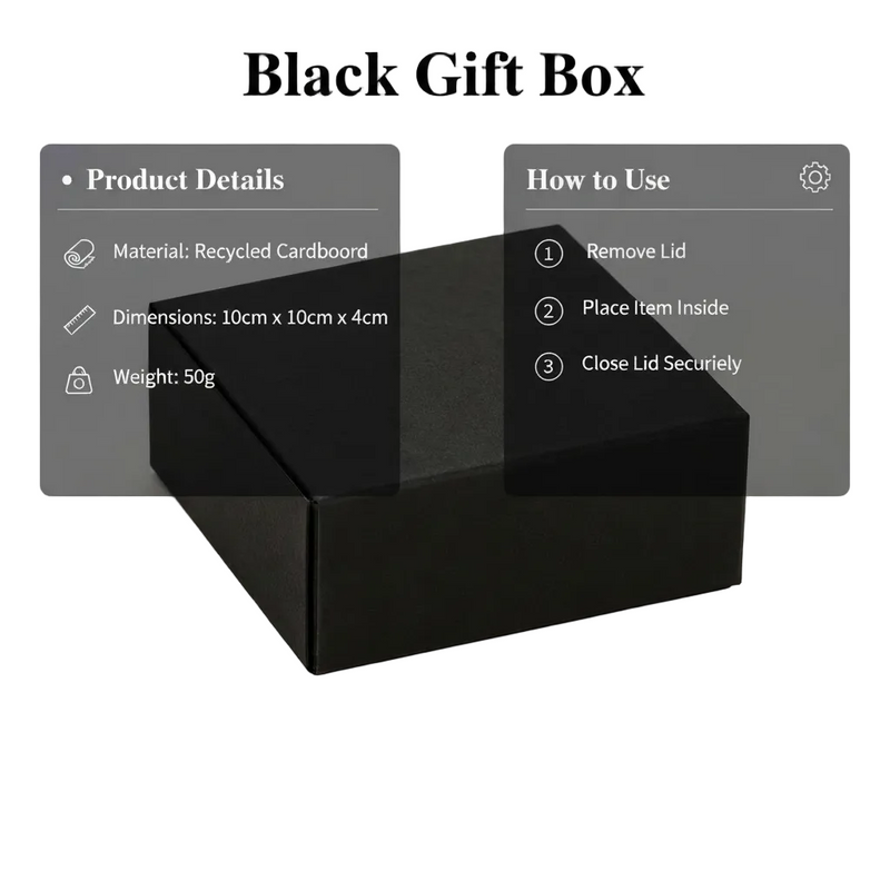 Representative mini black cardboard gift box on NexuraCart theme background; sold as a pack of 24